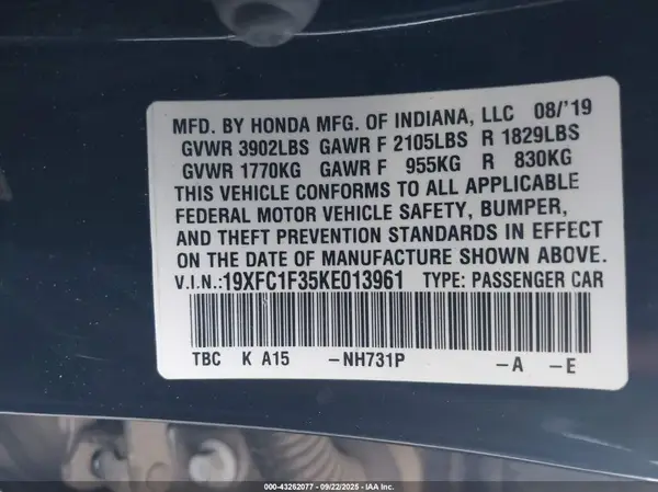 19XFC1F35KE013961 2019 HONDA CIVIC - Image 8