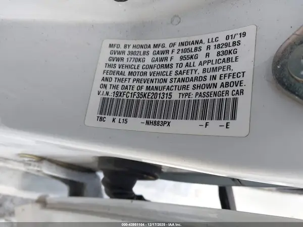19XFC1F35KE201315 2019 HONDA CIVIC - Image 8