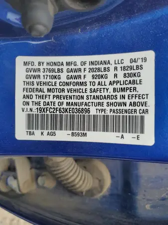 19XFC2F63KE036896 2019 HONDA CIVIC - Image 6
