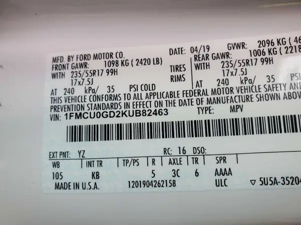 1FMCU0GD2KUB82463 2019 FORD ESCAPE - Image 1