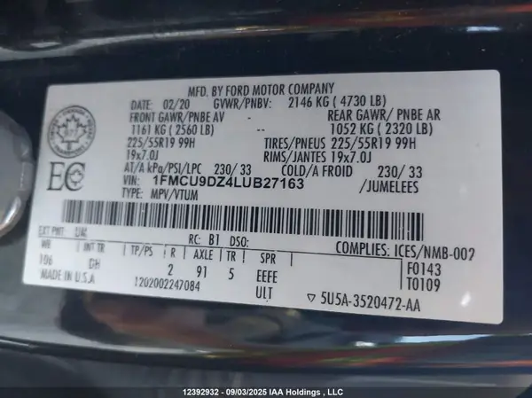 1FMCU9DZ4LUB27163 2020 FORD ESCAPE - Image 8