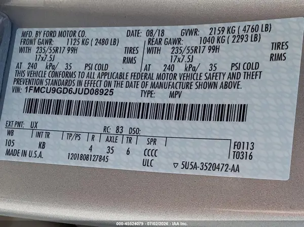 1FMCU9GD6JUD08925 2018 FORD ESCAPE - Image 8