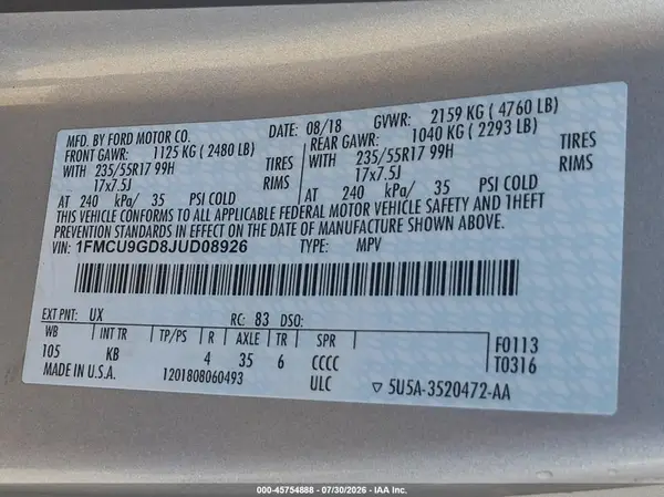 1FMCU9GD8JUD08926 2018 FORD ESCAPE - Image 8