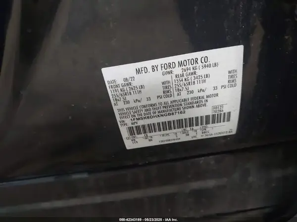 1FMSK8DHXNGB87162 2022 FORD EXPLORER - Image 8