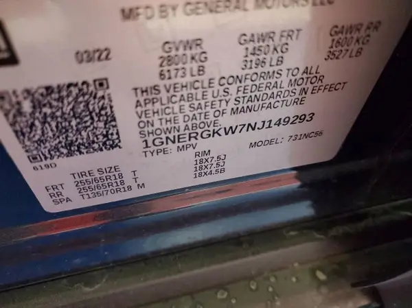 1GNERGKW7NJ149293 2022 CHEVROLET TRAVERSE - Image 1