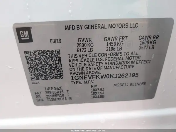 1GNEVFKW0KJ262195 2019 CHEVROLET TRAVERSE - Image 8