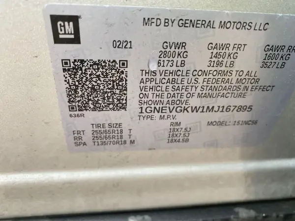 1GNEVGKW1MJ167895 2021 CHEVROLET TRAVERSE - Image 1