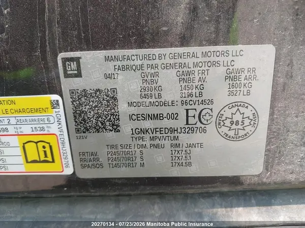 1GNKVFED9HJ329706 2017 CHEVROLET TRAVERSE - Image 8