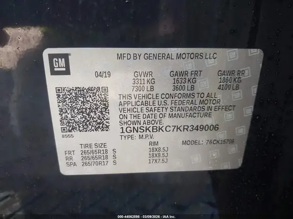 1GNSKBKC7KR349006 2019 CHEVROLET TAHOE - Image 8