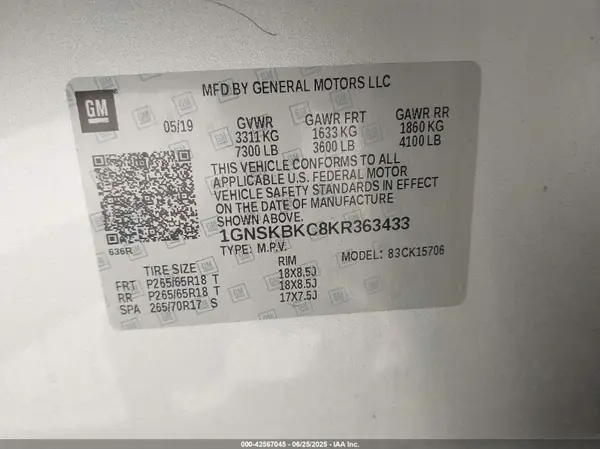1GNSKBKC8KR363433 2019 CHEVROLET TAHOE - Image 8