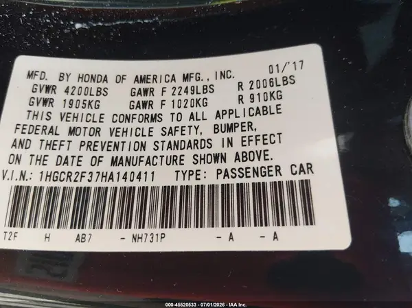 1HGCR2F37HA140411 2017 HONDA ACCORD - Image 8