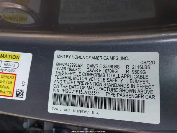 1HGCV1F15LA123541 2020 HONDA ACCORD - Image 8