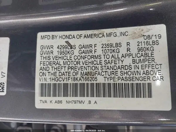 1HGCV1F18KA166205 2019 HONDA ACCORD - Image 8
