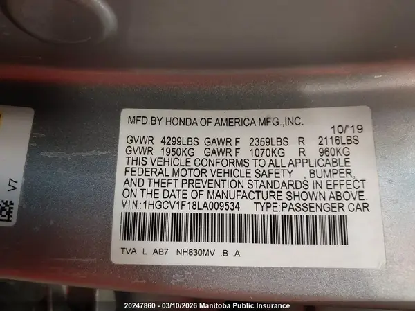 1HGCV1F18LA009534 2020 HONDA ACCORD - Image 8