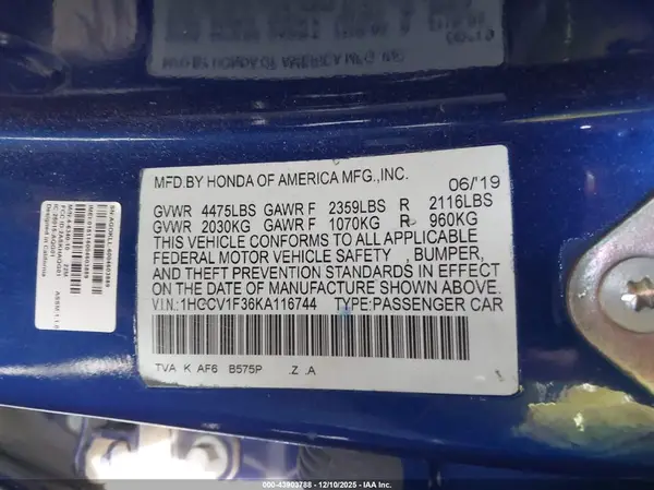 1HGCV1F36KA116744 2019 HONDA ACCORD - Image 8