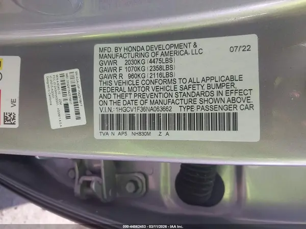 1HGCV1F36NA063662 2022 HONDA ACCORD - Image 8