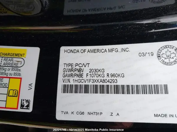 1HGCV1F3XKA804293 2019 HONDA ACCORD - Image 8