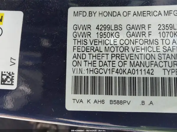 1HGCV1F40KA011142 2019 HONDA ACCORD - Image 8