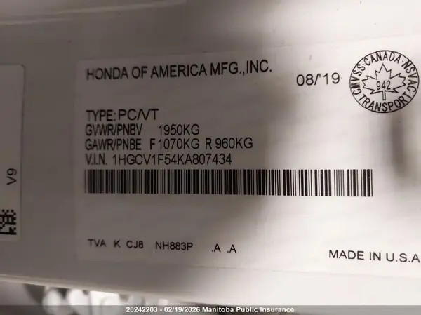 1HGCV1F54KA807434 2019 HONDA ACCORD - Image 8