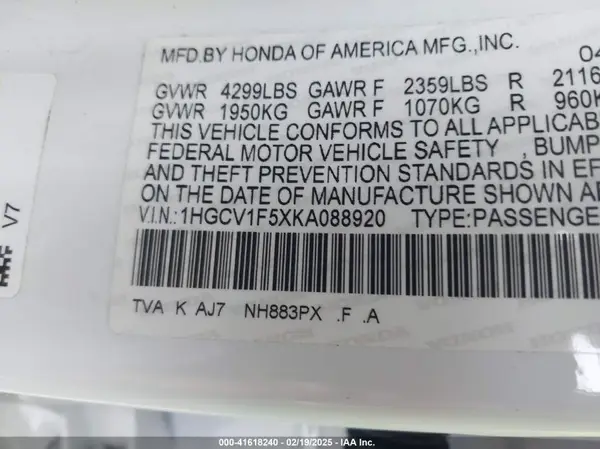 1HGCV1F5XKA088920 2019 HONDA ACCORD - Image 8