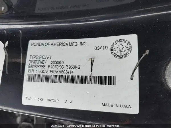 1HGCV1F97KA803414 2019 HONDA ACCORD - Image 8