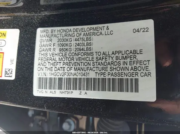 1HGCV2F30NA010431 2022 HONDA ACCORD - Image 8