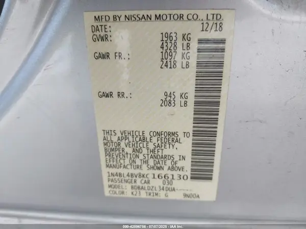 1N4BL4BV8KC166130 2019 NISSAN ALTIMA - Image 8