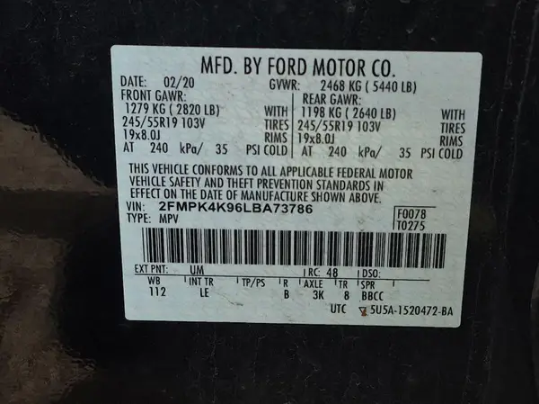 2FMPK4K96LBA73786 2020 FORD EDGE - Image 1