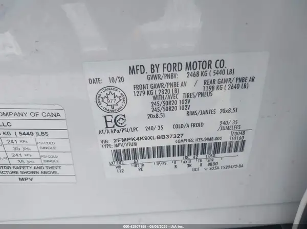 2FMPK4K9XLBB37327 2020 FORD EDGE - Image 8