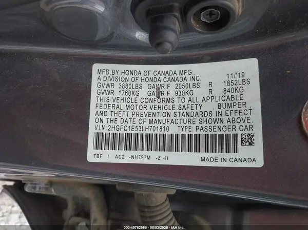 2HGFC1E53LH701810 2020 HONDA CIVIC - Image 8