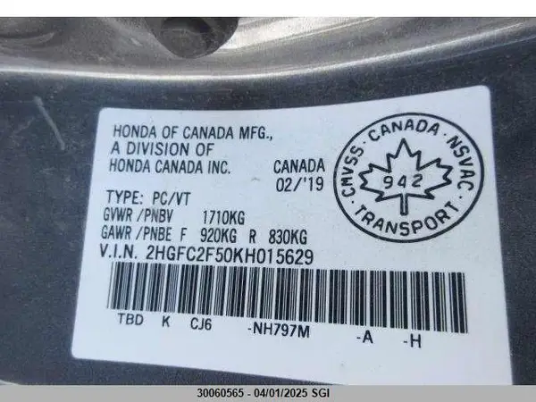 2HGFC2F50KH015629 2019 HONDA CIVIC - Image 8