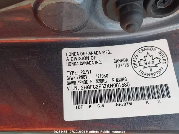 2HGFC2F53KH001580 2019 HONDA CIVIC - Image 8