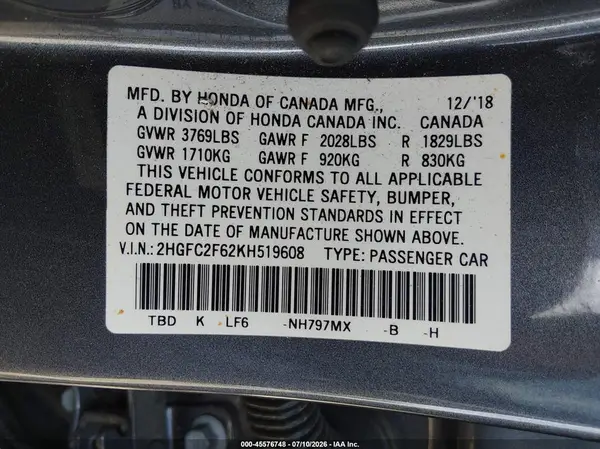 2HGFC2F62KH519608 2019 HONDA CIVIC - Image 8