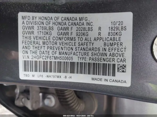 2HGFC2F67MH500605 2021 HONDA CIVIC - Image 8
