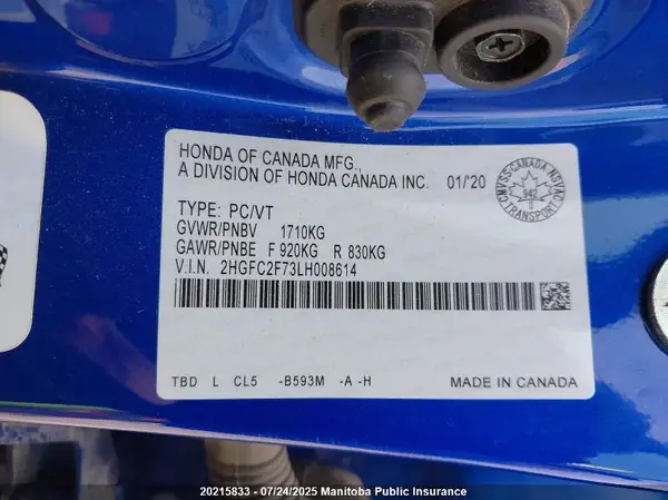 2HGFC2F73LH008614 2020 HONDA CIVIC - Image 8