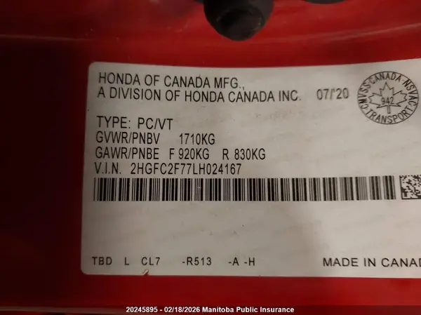 2HGFC2F77LH024167 2020 HONDA CIVIC - Image 8