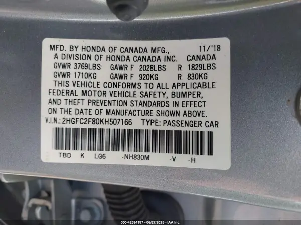 2HGFC2F80KH507166 2019 HONDA CIVIC - Image 8
