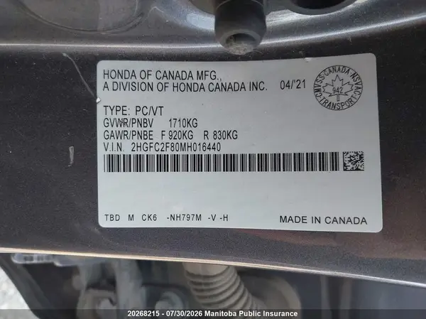 2HGFC2F80MH016440 2021 HONDA CIVIC - Image 8