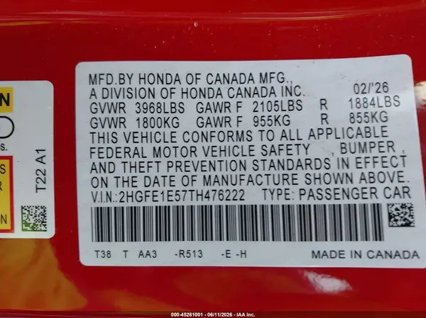2HGFE1E57TH476222 2026 HONDA CIVIC - Image 8