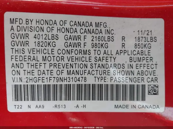 2HGFE1F79NH310478 2022 HONDA CIVIC - Image 8