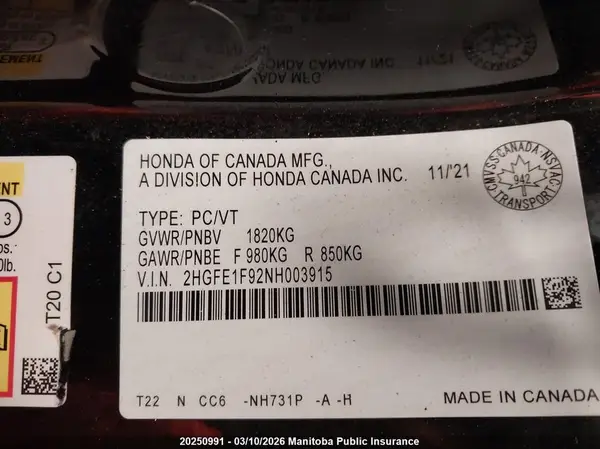 2HGFE1F92NH003915 2022 HONDA CIVIC - Image 8