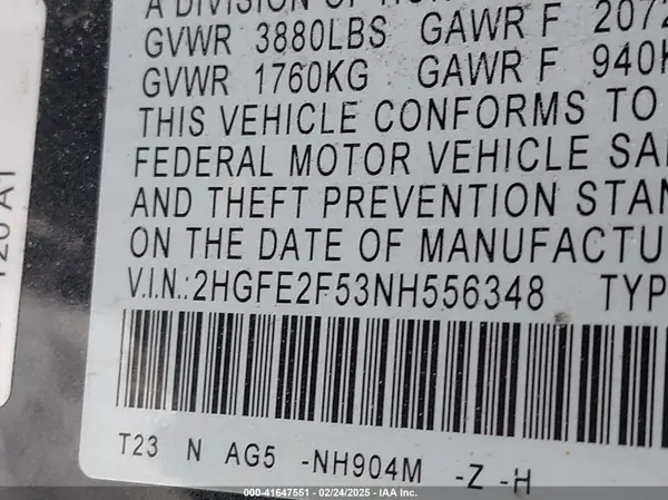 2HGFE2F53NH556348 2022 HONDA CIVIC - Image 8