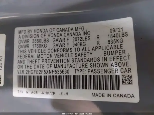 2HGFE2F5XNH535660 2022 HONDA CIVIC - Image 8