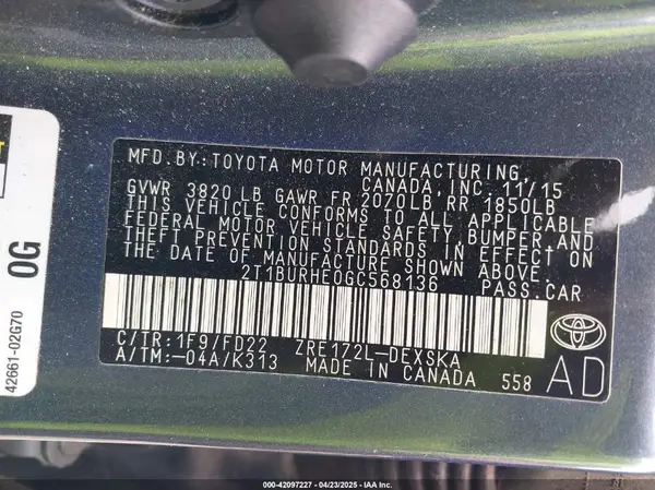 2T1BURHE0GC568136 2016 TOYOTA COROLLA - Image 8