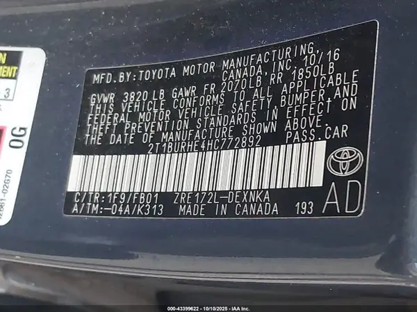 2T1BURHE4HC772892 2017 TOYOTA COROLLA - Image 8