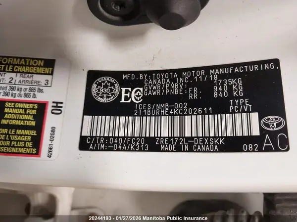 2T1BURHE4KC202611 2019 TOYOTA COROLLA - Image 8