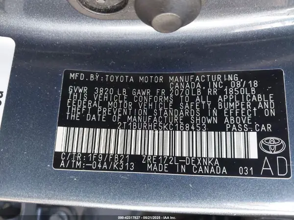 2T1BURHE5KC168453 2019 TOYOTA COROLLA - Image 8