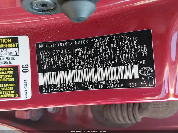 2T1BURHE5KC182028 2019 TOYOTA COROLLA - Image 8