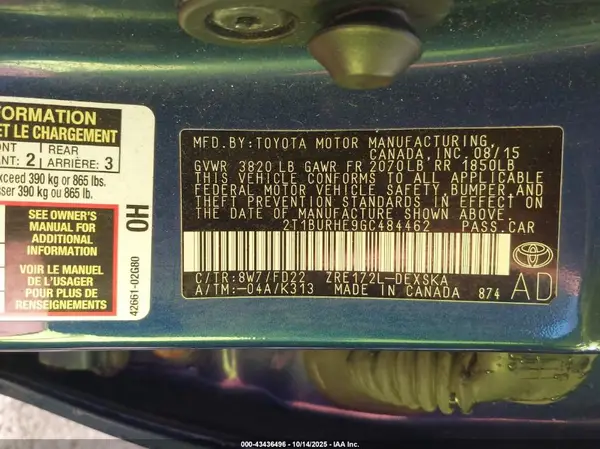 2T1BURHE9GC484462 2016 TOYOTA COROLLA - Image 8
