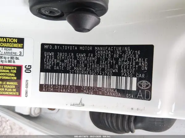 2T1BURHE9GC743760 2016 TOYOTA COROLLA - Image 8